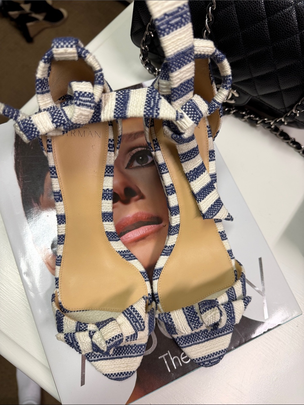 Alexandre Birman Navy & White Striped Tie-Ankle Heels